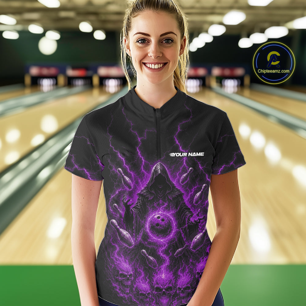 Custom Purple Lightning Halloween Grim Reaper Bowling Women Shirt, Dark Magic Outfit IPHW11882