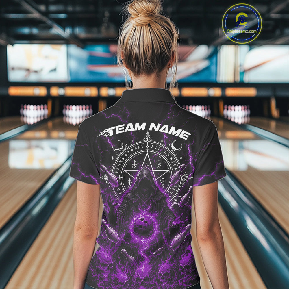 Custom Purple Lightning Halloween Grim Reaper Bowling Women Shirt, Dark Magic Outfit IPHW11882