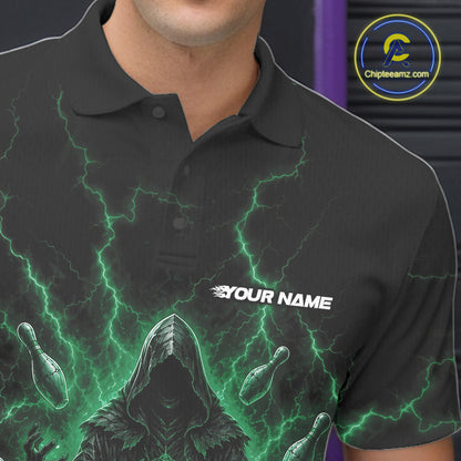 Custom Green Lightning Halloween Grim Reaper Bowling Men Polo Shirt, Dark Magic Outfit IPHW11883