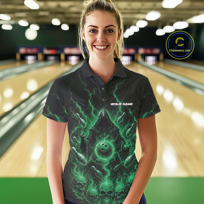 Custom Green Lightning Halloween Grim Reaper Bowling Women Polo Shirt, Dark Magic Outfit IPHW11883