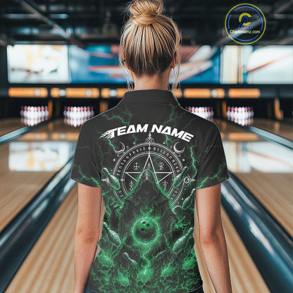 Custom Green Lightning Halloween Grim Reaper Bowling Women Polo Shirt, Dark Magic Outfit IPHW11883
