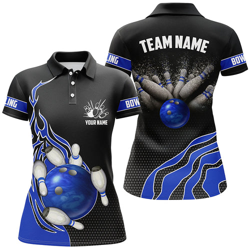 Blue Flame Bowling Polo Shirts For Women, Custom Bowling Team Jerseys Bowler Outfits IPHW5217