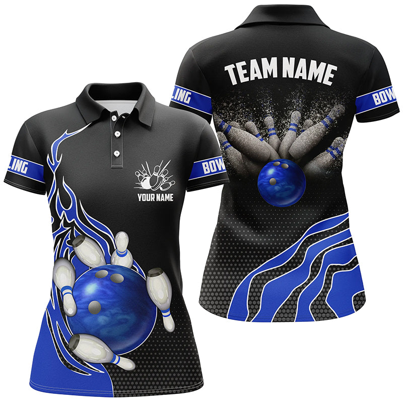Blue Flame Bowling Polo Shirts For Women, Custom Bowling Team Jerseys Bowler Outfits IPHW5217