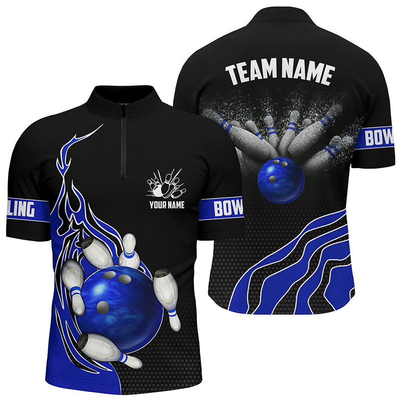Blue Flame Bowling Polo Shirts For Men Bowling Ball, Custom Bowling Team Jerseys Bowler Outfits IPHW5217
