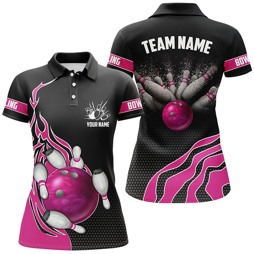 Pink Flame Bowling Polo Shirts For Women, Custom Bowling Team Jerseys Bowler Outfits IPHW5219