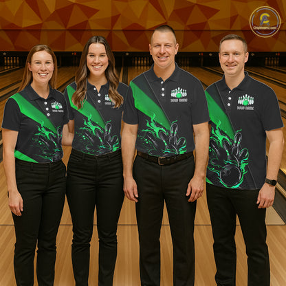 Black And Green Custom Flame Bowling Tournament Jerseys For Women, Bowling Team Shirts IPHW7926