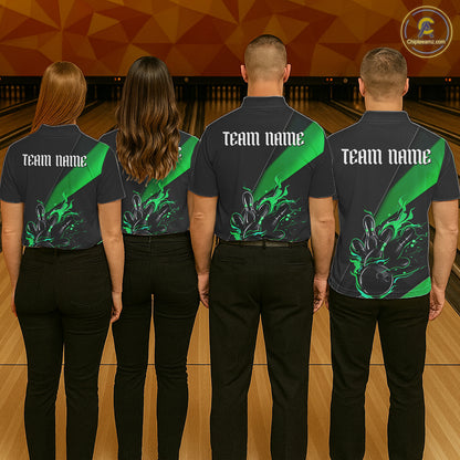 Black And Green Custom Flame Bowling Tournament Jerseys For Women, Bowling Team Shirts IPHW7926