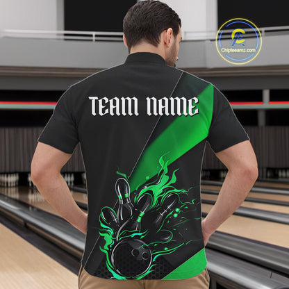Black And Green Custom Flame Bowling Tournament Jerseys For Men, Bowling Team Shirts IPHW7926