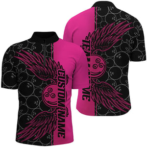 Black And Pink Custom Bowling Ball And Wings Bowling Shirts For Men, Bowling Team Uniform IPHW7928