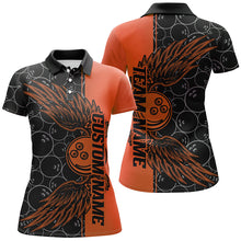 Load image into Gallery viewer, Black And Orange Custom Bowling Ball And Wings Ladies Bowling Shirts, Bowling Team Uniform IPHW7930