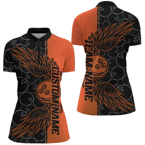 Black And Orange Custom Bowling Ball And Wings Ladies Bowling Shirts, Bowling Team Uniform IPHW7930