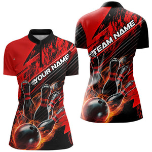 Black And Red Custom Flame Bowling Shirts For Women, Fire Bowling Team Shirt Bowler Outfit IPHW7939