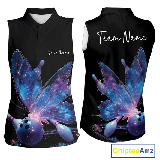 Custom Blue Galaxy Butterfly Bowling Women Sleeveless Polo Shirts, Ladies Bowling Team Outfit IPHW10241