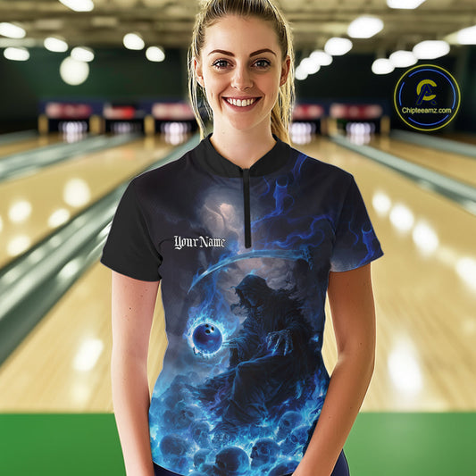 Custom Electric Blue Fire Grim Reaper Bowling Women Quarter-Zip Shirt, Halloween Bowling IPHW9464
