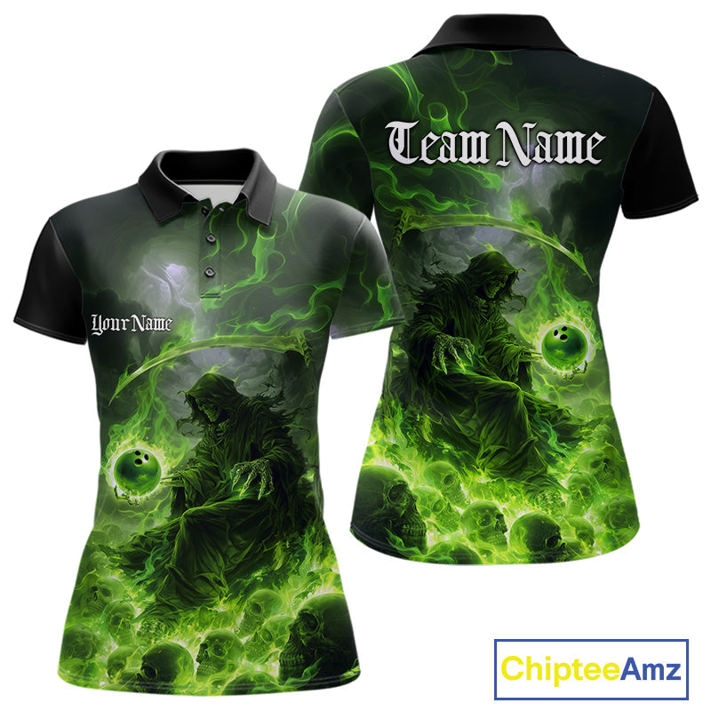 Custom Electric Green Fire Grim Reaper Bowling Women Polo Shirts, Halloween Bowling Shirt IPHW9465