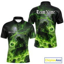 Load image into Gallery viewer, Custom Electric Green Fire Grim Reaper Bowling Polo Shirts For Men, Halloween Bowling Shirt IPHW9465