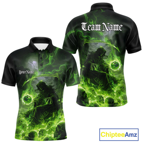 Custom Electric Green Fire Grim Reaper Bowling Polo Shirts For Men, Halloween Bowling Shirt IPHW9465