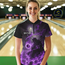 Load image into Gallery viewer, Custom Purple Fire Grim Reaper Bowling Women Quarter-Zip Shirts, Halloween Bowling Shirt IPHW9466
