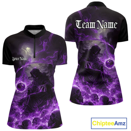 Custom Purple Fire Grim Reaper Bowling Women Quarter-Zip Shirts, Halloween Bowling Shirt IPHW9466