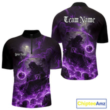 Load image into Gallery viewer, Custom Purple Fire Grim Reaper Bowling Quarter-Zip Shirts For Men, Halloween Bowling Shirt IPHW9466