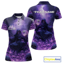 Load image into Gallery viewer, Custom Blue And Purple Flame Bowling Skull Women Polo Shirts, Halloween Bowling Outfits IPHW9467