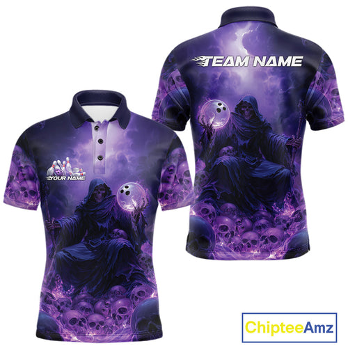Custom Blue And Purple Flame Bowling Skull Polo Shirts For Men, Halloween Bowling Outfits IPHW9467