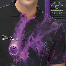 Load image into Gallery viewer, Custom Purple Flame Skull Bowling Polo Shirts, Purple Smoke Bowling Hallween Outfit IPHW9470