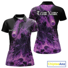 Load image into Gallery viewer, Custom Purple Flame Skull Bowling Polo Shirts, Purple Smoke Bowling Hallween Outfit IPHW9470