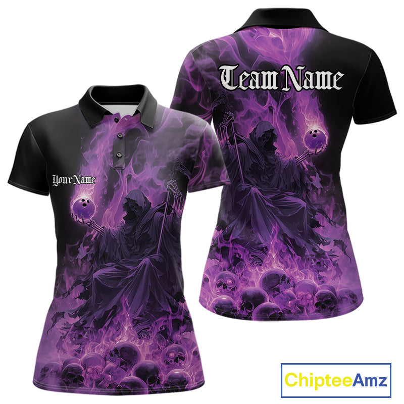 Custom Purple Flame Skull Bowling Polo Shirts, Purple Smoke Bowling Hallween Outfit IPHW9470