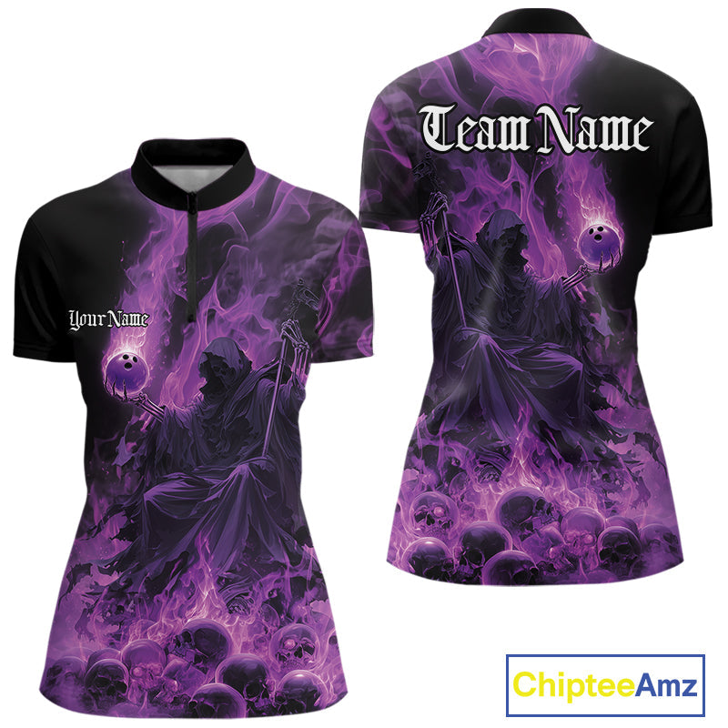 Custom Purple Flame Skull Bowling Quarter-Zip Shirt, Purple Smoke Bowling Hallween Outfit IPHW9470