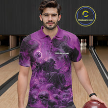Load image into Gallery viewer, Custom Purple Flame Skull Bowling Polo Shirts, Purple Smoke Bowling Hallween Outfit IPHW9471