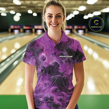 Load image into Gallery viewer, Custom Purple Flame Skull Bowling Polo Shirts, Purple Smoke Bowling Hallween Outfit IPHW9471