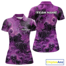 Load image into Gallery viewer, Custom Purple Flame Skull Bowling Polo Shirts, Purple Smoke Bowling Hallween Outfit IPHW9471