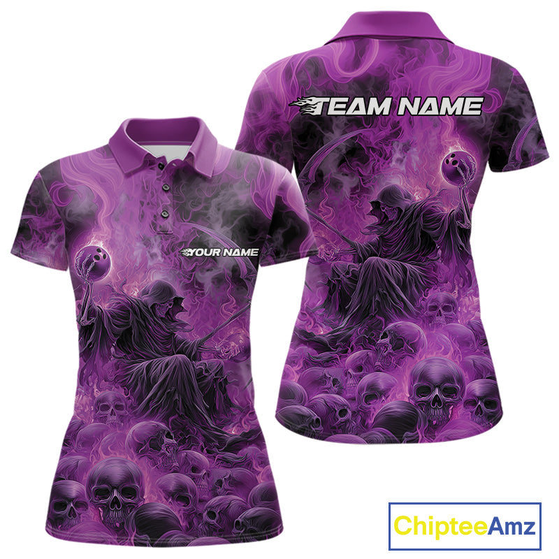 Custom Purple Flame Skull Bowling Polo Shirts, Purple Smoke Bowling Hallween Outfit IPHW9471