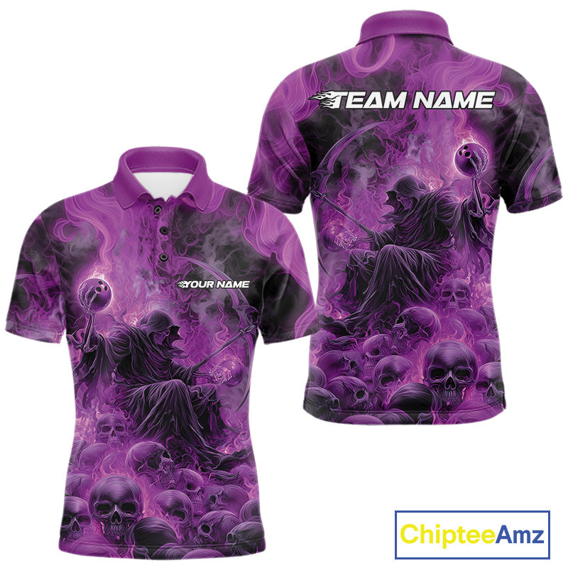 Custom Purple Flame Skull Bowling Polo Shirts, Purple Smoke Bowling Hallween Outfit IPHW9471