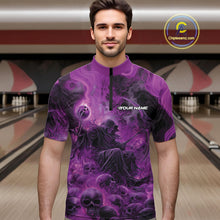 Load image into Gallery viewer, Custom Purple Flame Skull Bowling Quarter-Zip Shirts, Purple Smoke Bowling Hallween Outfit IPHW9471