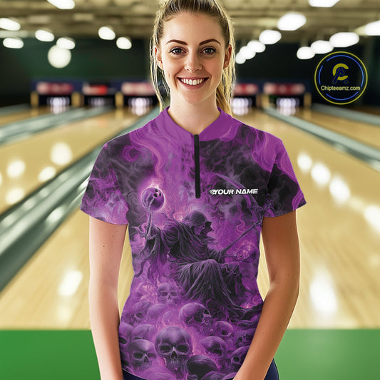 Custom Purple Flame Skull Bowling Quarter-Zip Shirt, Purple Smoke Bowling Hallween Outfit IPHW9471