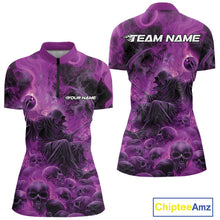 Load image into Gallery viewer, Custom Purple Flame Skull Bowling Quarter-Zip Shirt, Purple Smoke Bowling Hallween Outfit IPHW9471