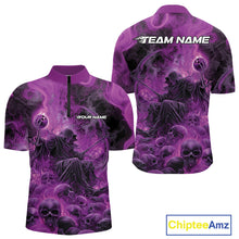 Load image into Gallery viewer, Custom Purple Flame Skull Bowling Quarter-Zip Shirts, Purple Smoke Bowling Hallween Outfit IPHW9471