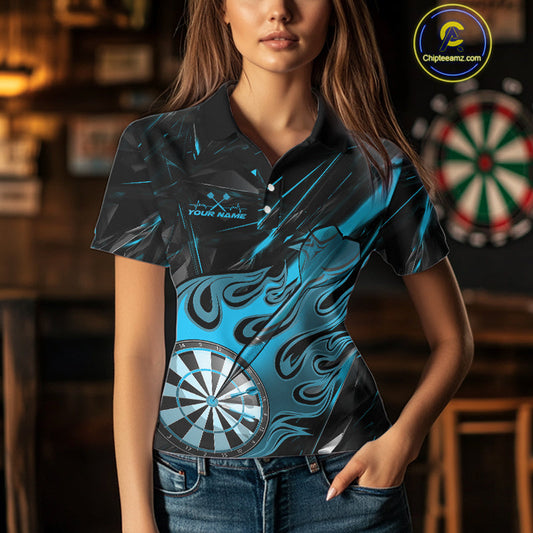 Custom Black And Blue Flame Dartboard Dart Polo Shirts For Women, Dart Players Outfits IPHW9689