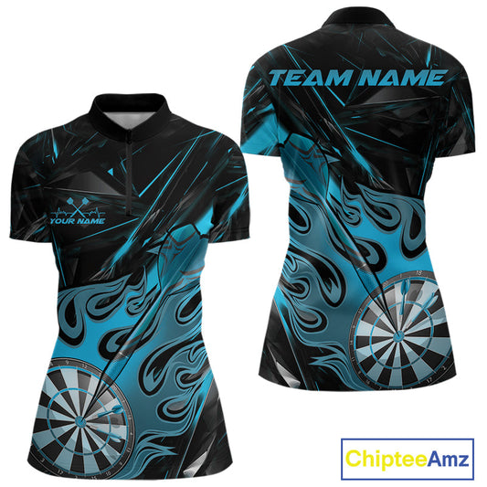 Custom Black And Blue Flame Dartboard Dart Women Quarter-Zip Shirts, Dart Players Outfits IPHW9689