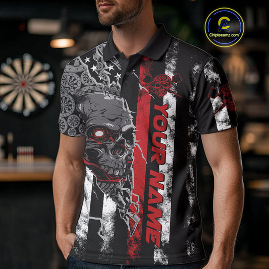 Custom Red Line American Flag Patriotic Skull Dart Men Polo Shirts, Halloween Dart Outfit IPHW9691