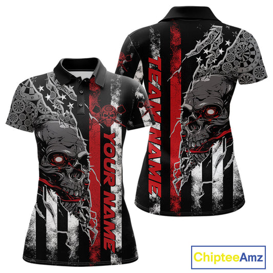 Custom Red Line American Flag Patriotic Skull Dart Women Polo Shirt, Halloween Outfit IPHW9691