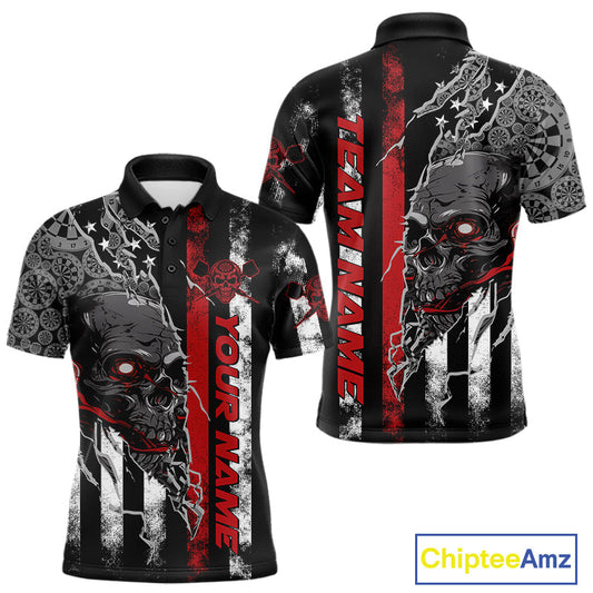 Custom Red Line American Flag Patriotic Skull Dart Men Polo Shirts, Halloween Dart Outfit IPHW9691