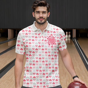 Custom White And Pink Heart Theme Valentine Bowling Polo Shirts For Men, Couple Outfit IPHW8363