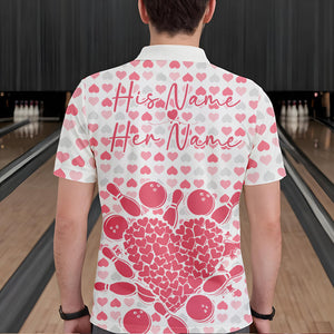 Custom White And Pink Heart Theme Valentine Bowling Polo Shirts For Men, Couple Outfit IPHW8363