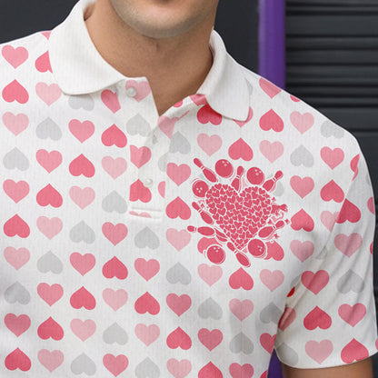 Custom White And Pink Heart Theme Valentine Bowling Polo Shirts For Men, Couple Outfit IPHW8363