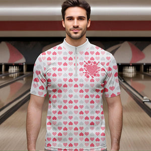 Custom White And Pink Heart Theme Valentine Bowling Quarter-Zip Shirts For Men, Couple Outfit IPHW8363