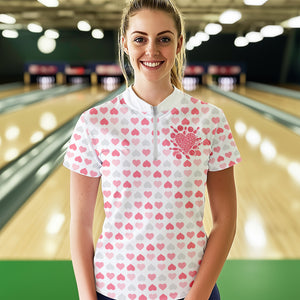 Custom White And Pink Heart Valentine Bowling Quarter-Zip Shirts For Women, Couple Outfit IPHW8363