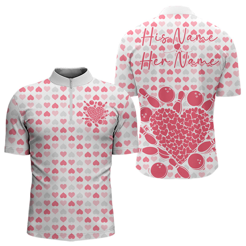 Custom White And Pink Heart Theme Valentine Bowling Quarter-Zip Shirts For Men, Couple Outfit IPHW8363